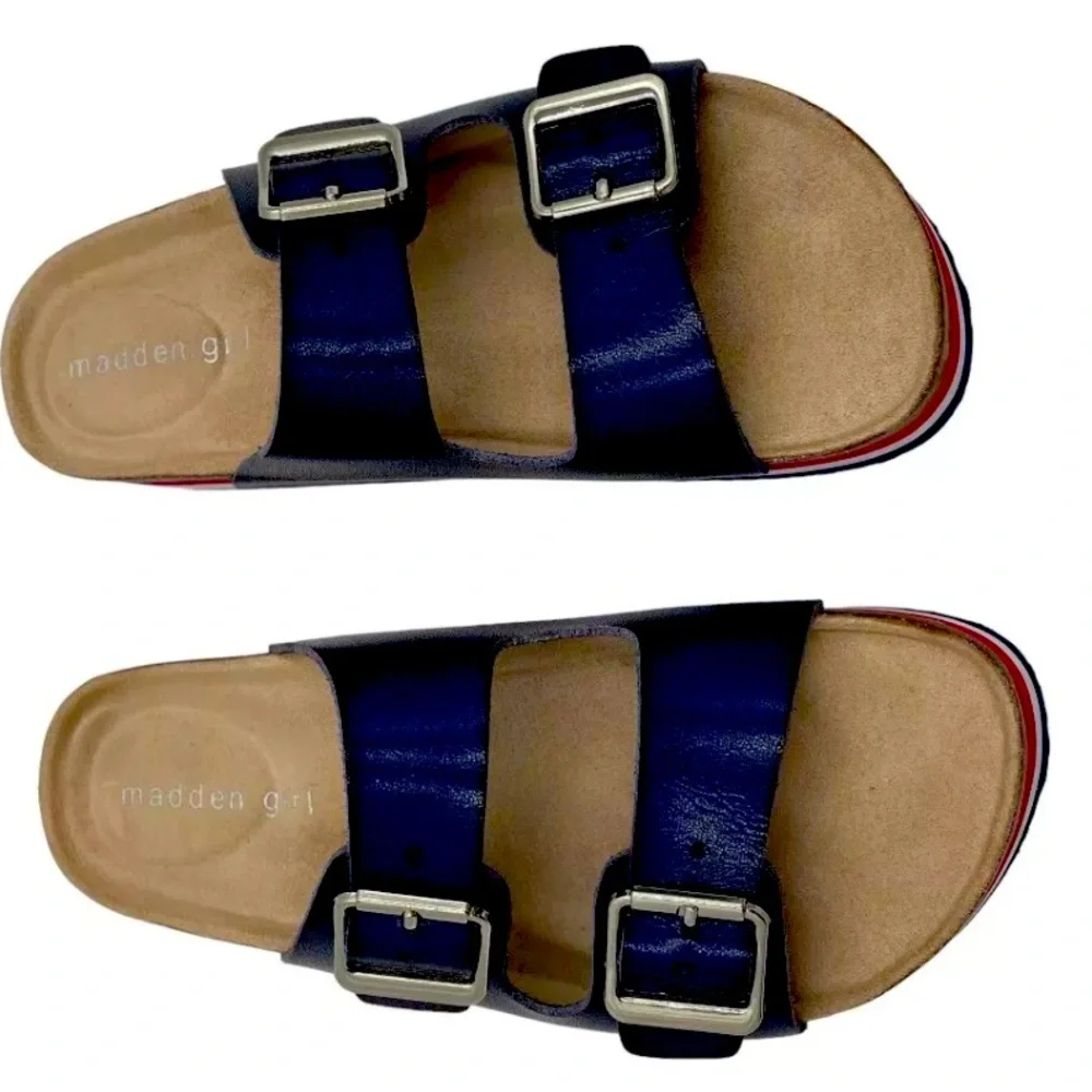 Madden Girl Women's Purr Sandal Blue Red White Cork Sz. 8M/ NEW - Picture 2 of 7